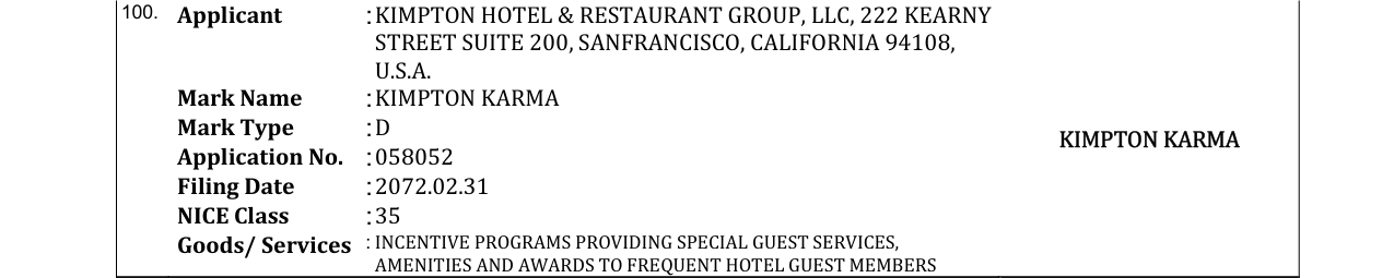 Original bulletin entry for KIMPTON KARMA