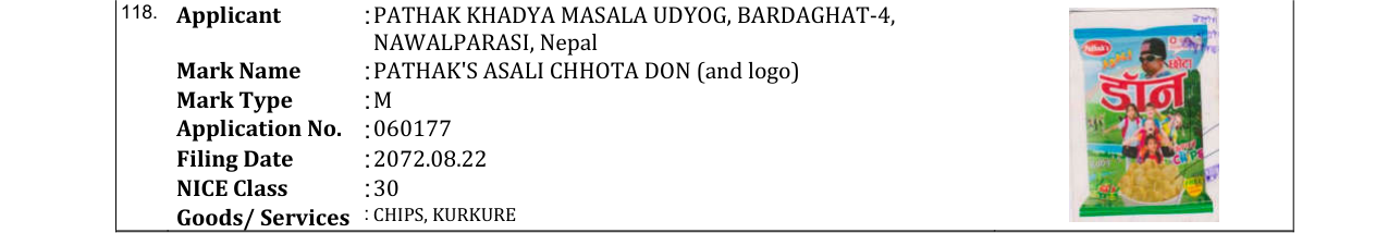 Original bulletin entry for PATHAK'S ASALI CHHOTA DON (and logo)
