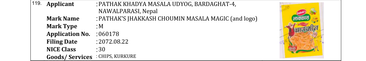 Original bulletin entry for PATHAK'S JHAKKASH CHOUMIN MASALA MAGIC (and logo)