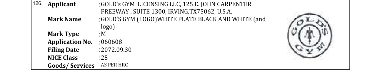 Original bulletin entry for GOLD'S GYM (LOGO)WHITE PLATE BLACK AND WHITE (and logo)