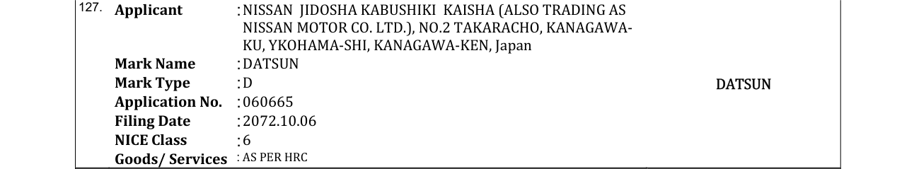 Original bulletin entry for DATSUN