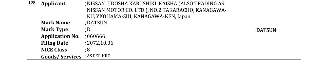 Original bulletin entry for DATSUN