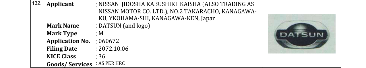 Original bulletin entry for DATSUN (and logo)