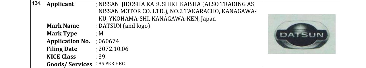 Original bulletin entry for DATSUN (and logo)