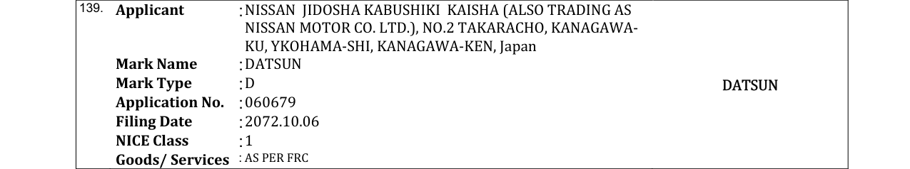 Original bulletin entry for DATSUN