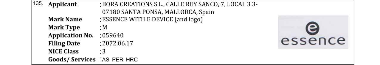 Original bulletin entry for ESSENCE WITH E DEVICE (and logo)