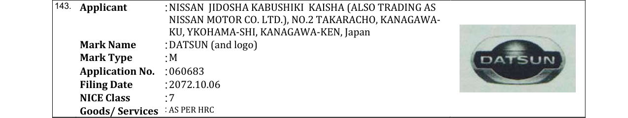 Original bulletin entry for DATSUN (and logo)