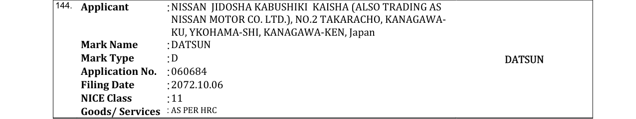 Original bulletin entry for DATSUN