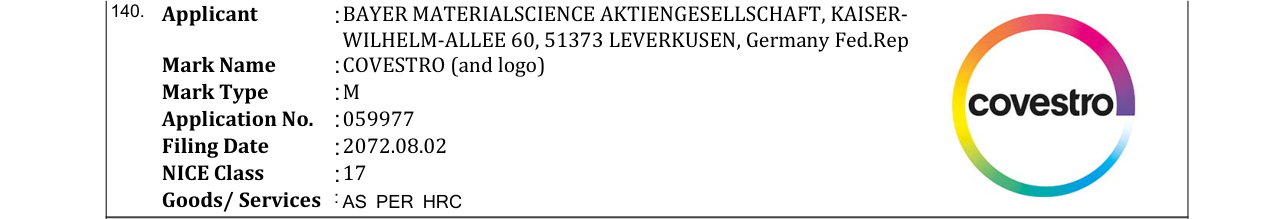 Original bulletin entry for COVESTRO (and logo)