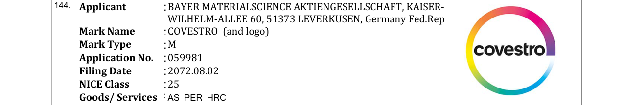 Original bulletin entry for COVESTRO (and logo)