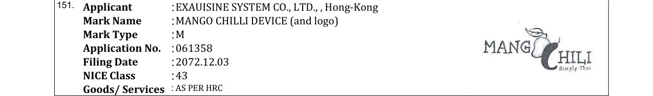 Original bulletin entry for MANGO CHILLI DEVICE (and logo)