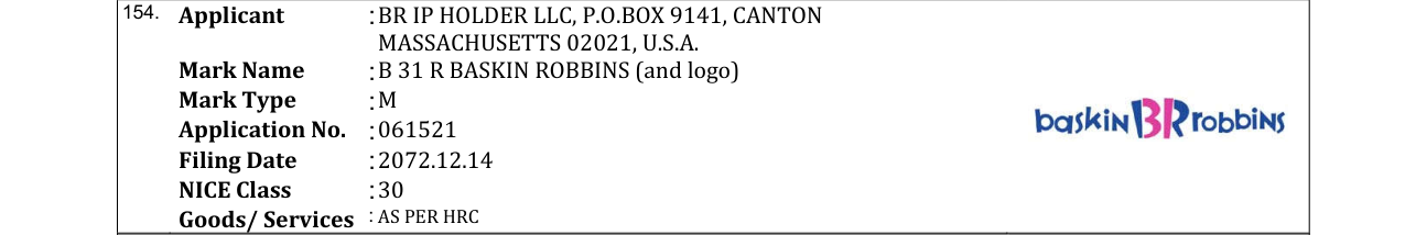 Original bulletin entry for B 31 R BASKIN ROBBINS (and logo)