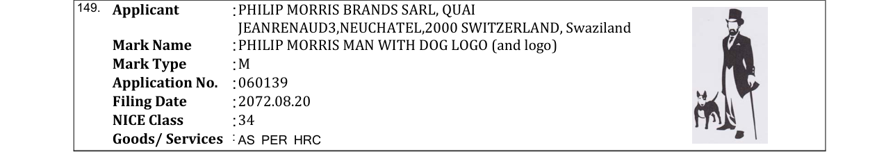 Original bulletin entry for PHILIP MORRIS MAN WITH DOG LOGO (and logo)