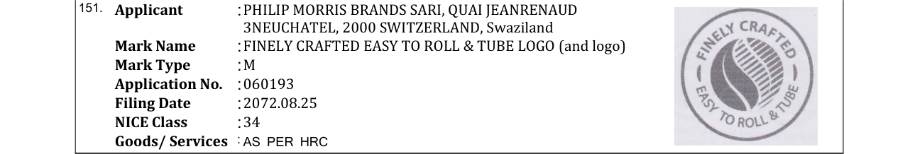 Original bulletin entry for FINELY CRAFTED EASY TO ROLL & TUBE LOGO (and logo)