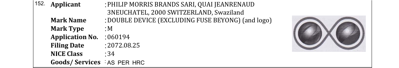 Original bulletin entry for DOUBLE DEVICE (EXCLUDING FUSE BEYONG) (and logo)