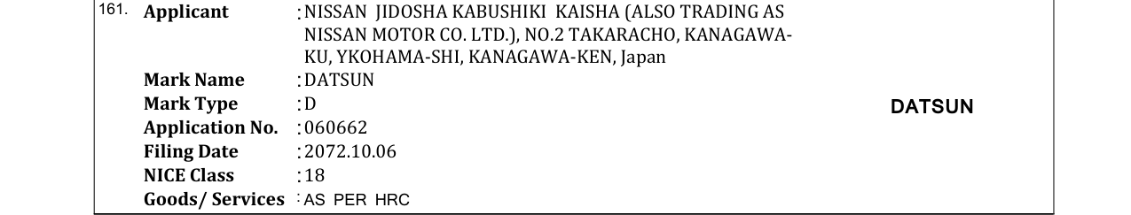 Original bulletin entry for DATSUN