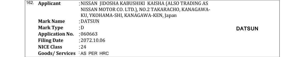 Original bulletin entry for DATSUN