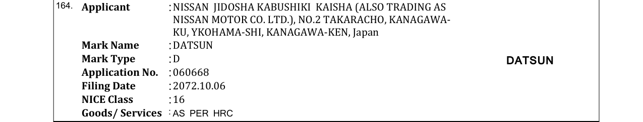 Original bulletin entry for DATSUN