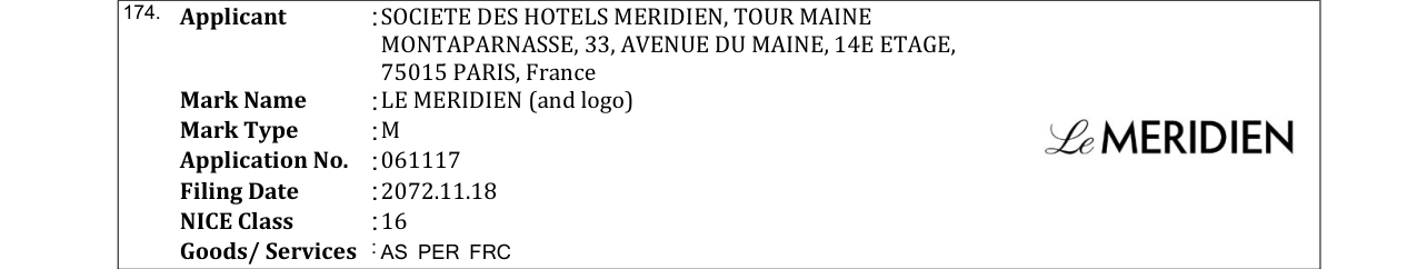 Original bulletin entry for LE MERIDIEN (and logo)