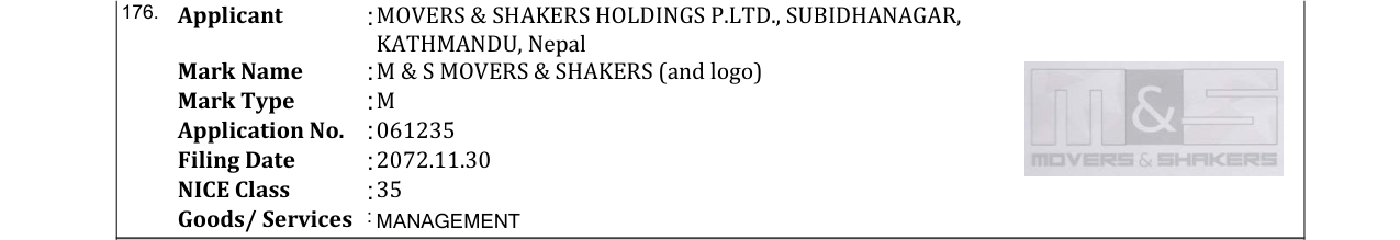Original bulletin entry for M & S MOVERS & SHAKERS (and logo)