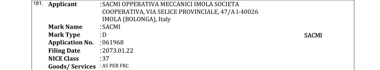Original bulletin entry for SACMI