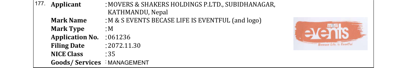 Original bulletin entry for M & S EVENTS BECASE LIFE IS EVENTFUL (and logo)