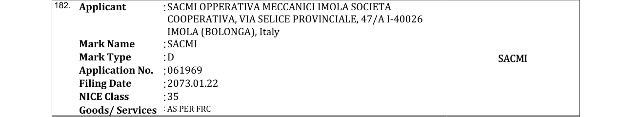 Original bulletin entry for SACMI
