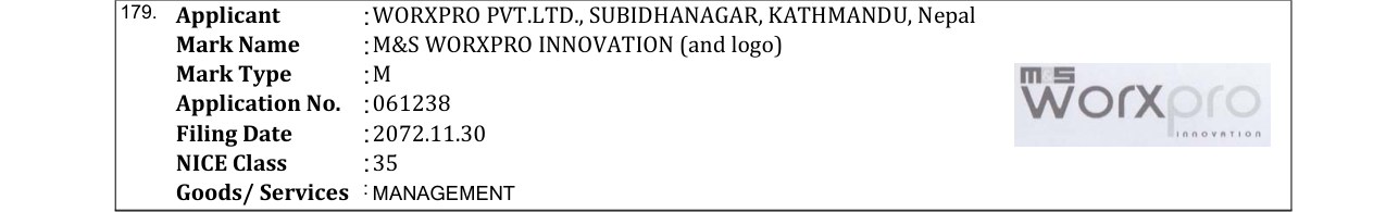 Original bulletin entry for M&S WORXPRO INNOVATION (and logo)