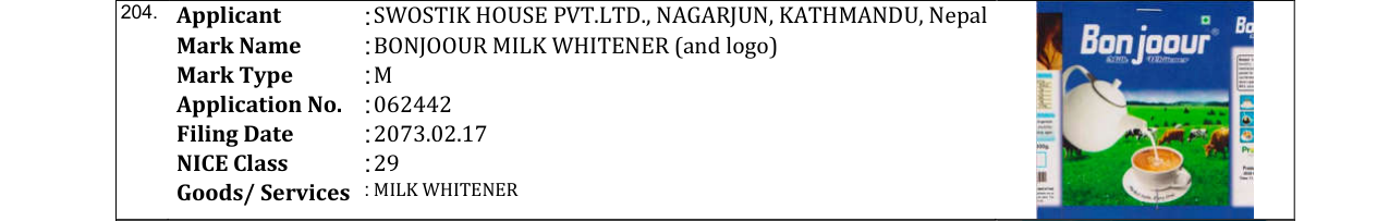 Original bulletin entry for BONJOOUR MILK WHITENER (and logo)