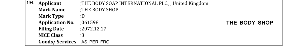Original bulletin entry for THE BODY SHOP