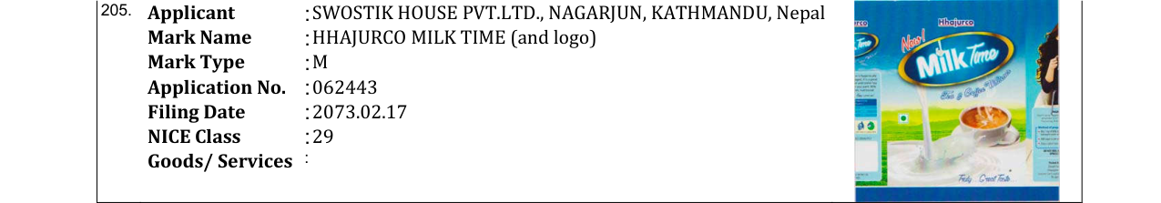 Original bulletin entry for HHAJURCO MILK TIME (and logo)