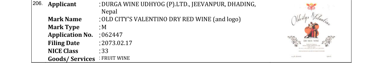 Original bulletin entry for OLD CITY'S VALENTINO DRY RED WINE (and logo)