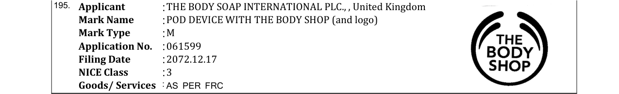 Original bulletin entry for POD DEVICE WITH THE BODY SHOP (and logo)