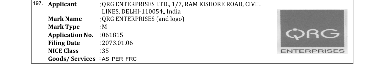 Original bulletin entry for QRG ENTERPRISES (and logo)