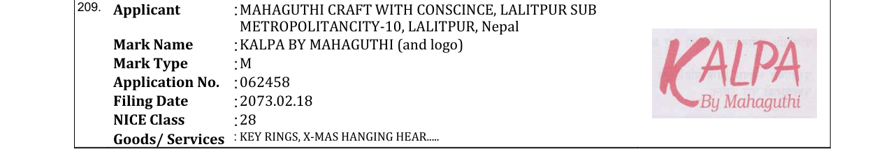 Original bulletin entry for KALPA BY MAHAGUTHI (and logo)
