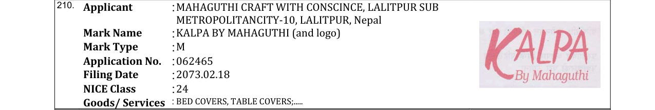 Original bulletin entry for KALPA BY MAHAGUTHI (and logo)