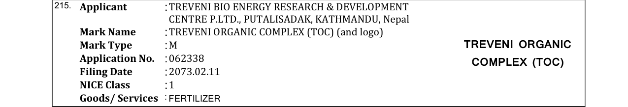 Original bulletin entry for TREVENI ORGANIC COMPLEX (TOC) (and logo)