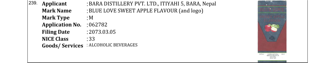 Original bulletin entry for BLUE LOVE SWEET APPLE FLAVOUR (and logo)