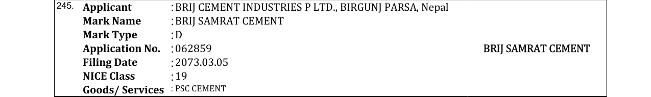 Original bulletin entry for BRIJ SAMRAT CEMENT