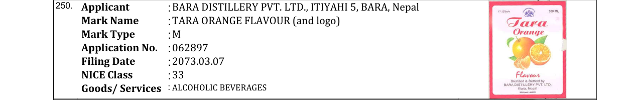 Original bulletin entry for TARA ORANGE FLAVOUR (and logo)
