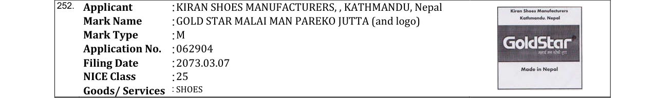 Original bulletin entry for GOLD STAR MALAI MAN PAREKO JUTTA (and logo)