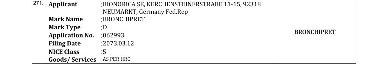 Original bulletin entry for BRONCHIPRET