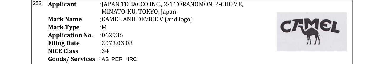 Original bulletin entry for CAMEL AND DEVICE V (and logo)