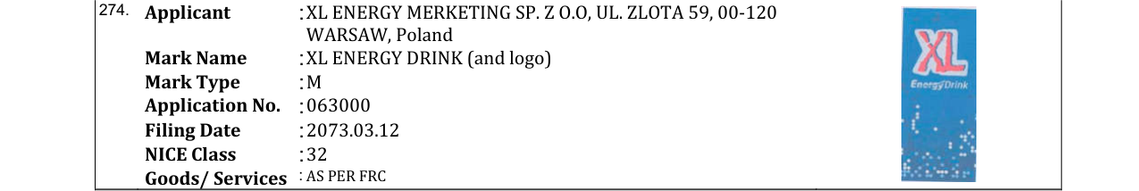 Original bulletin entry for XL ENERGY DRINK (and logo)