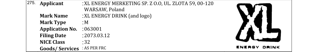Original bulletin entry for XL ENERGY DRINK (and logo)
