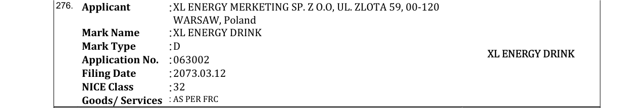 Original bulletin entry for XL ENERGY DRINK