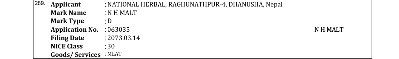 Original bulletin entry for N H MALT