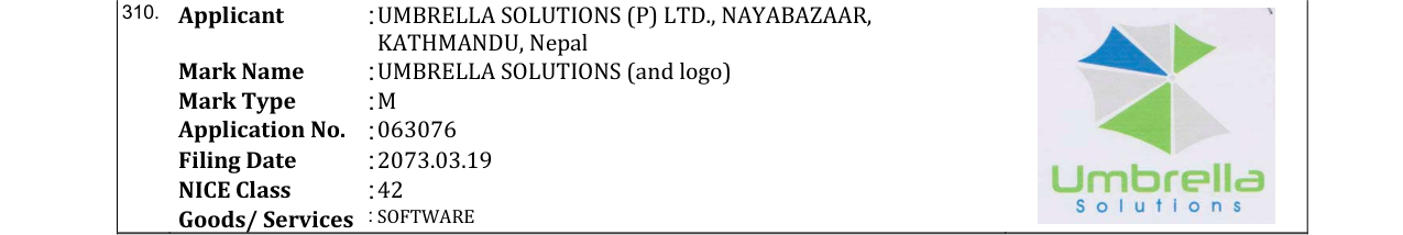 Original bulletin entry for UMBRELLA SOLUTIONS (and logo)