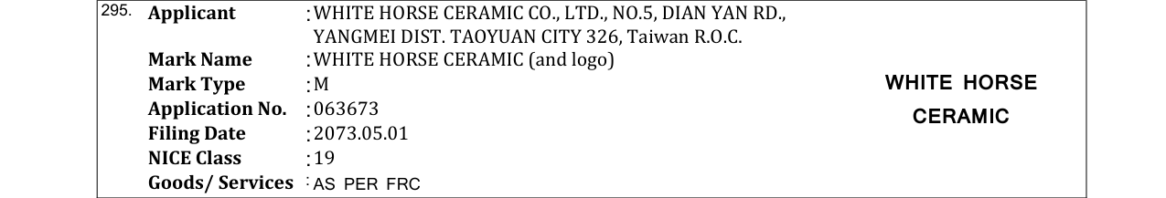 Original bulletin entry for WHITE HORSE CERAMIC (and logo)