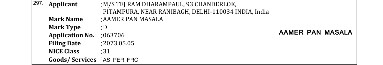 Original bulletin entry for AAMER PAN MASALA